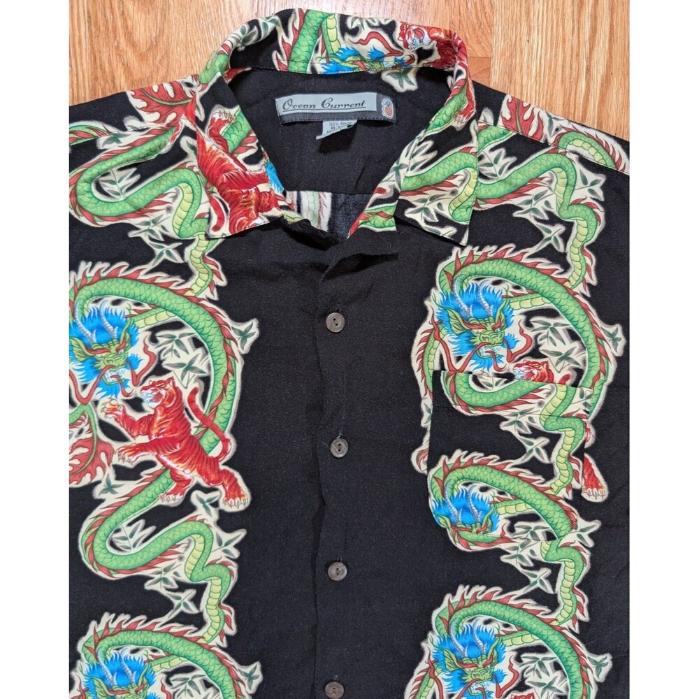 Vintage Ocean Current Black Dragon Tiger Print Rayon Aloha Shirt Mens M Y2K 90’s